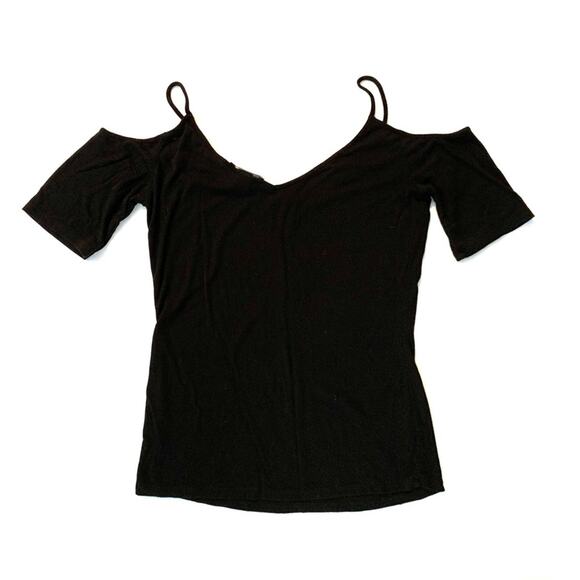 Black Cold Shoulder Criss Cross Strappy Ribbed Top - Picture 2 of 7
